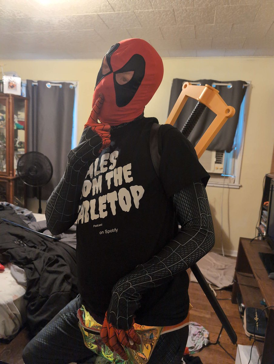TalesFromTheTT's tweet photo. The one and only T shirt ever made for our podcast worn by the biggest dork on our podcast #dnd #dm #dungeonsanddragons #funny #podcast #deadpool #convention #cosplay https://t.co/pjayGFFjeD