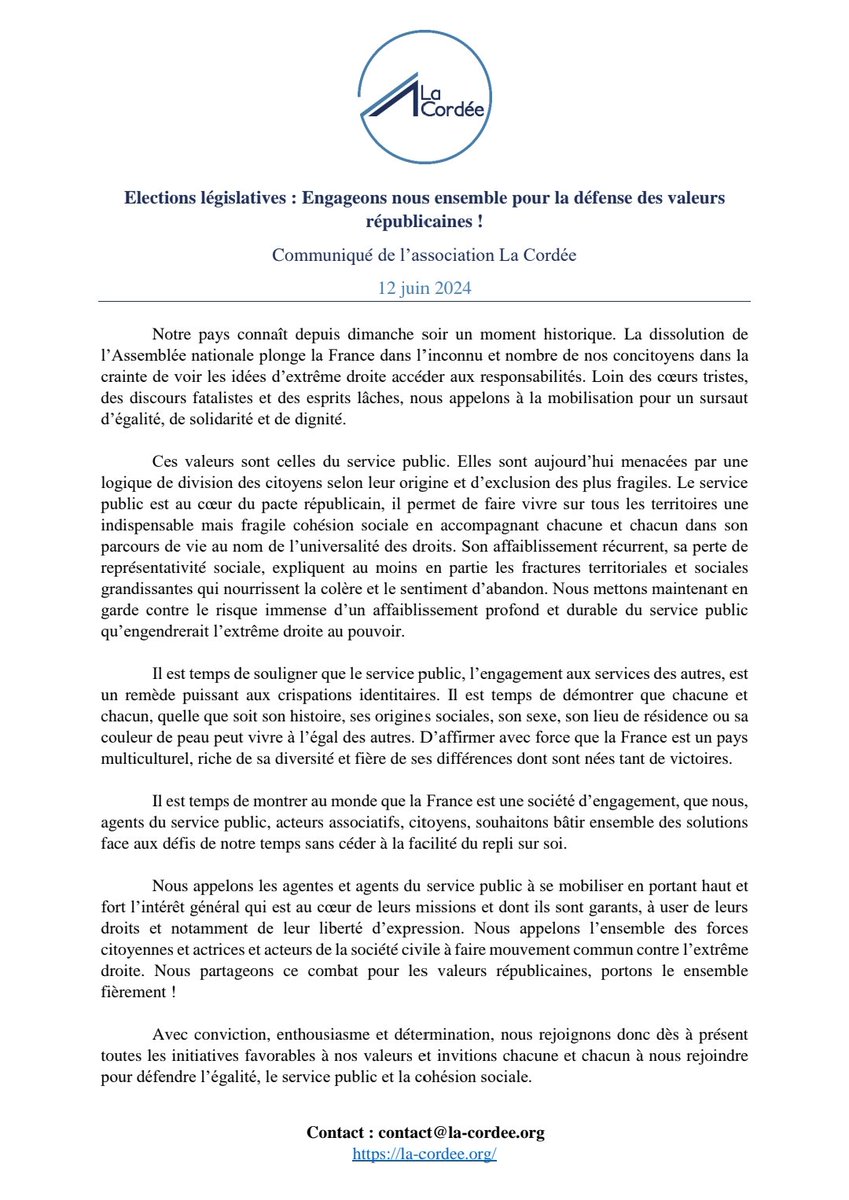 Communiqué #législatives : agissons ensemble pour la défenseuse des valeurs républicains ! 
<a href="/LaCordeeAsso/">La Cordée</a> appelle l'ensemble des agents du #servicepublic, acteurs associatifs et citoyens à se mobiliser pour une société d'égalité et de fraternité.