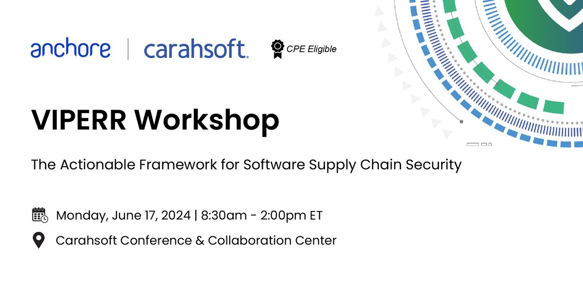 Carahsoft's tweet image. .@Anchore presents #VIPERR, a framework for seamless #securitycontrols. Learn about visibility, inspection, policy enforcement &amp;amp; more on 6/17: carah.io/1187cc