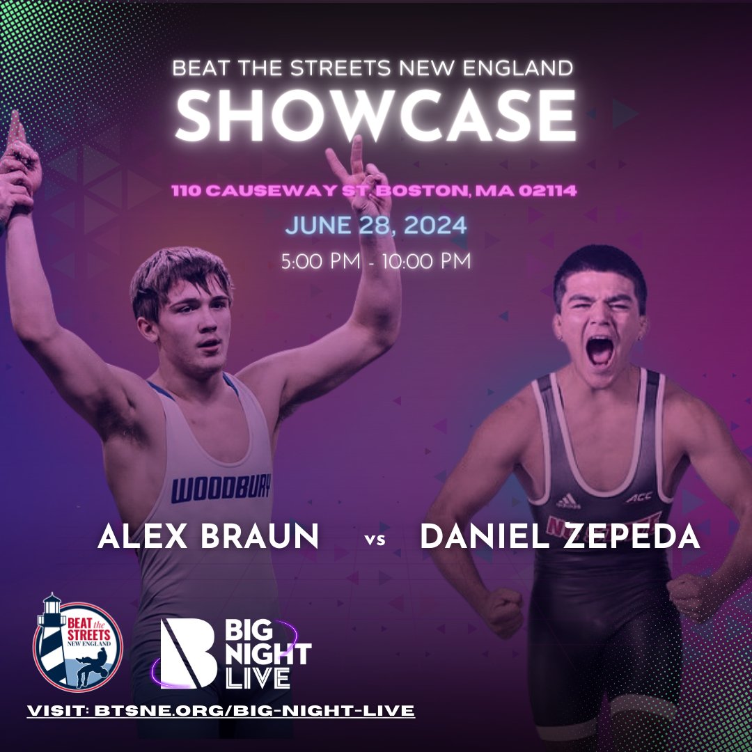 BTSNewEngland's tweet photo. 2 time state place winner, State Champ and Oklahoma University commit Alex Braun will be facing off against 2 time State Champ and NC State commit Daniel Zepeda in a Freestyle match at the #btsne Showcase!
🎟️ https://t.co/7kwTIkIONm https://t.co/gHzkAY1P0Y