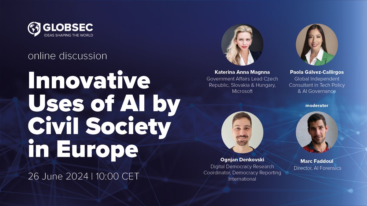 Join our online discussion, which is part of the Future of Democracy &amp; Technology Initiative by GLOBSEC, and find out more on how AI is rapidly transforming civil society! 
Register via: bit.ly/4bURjj7