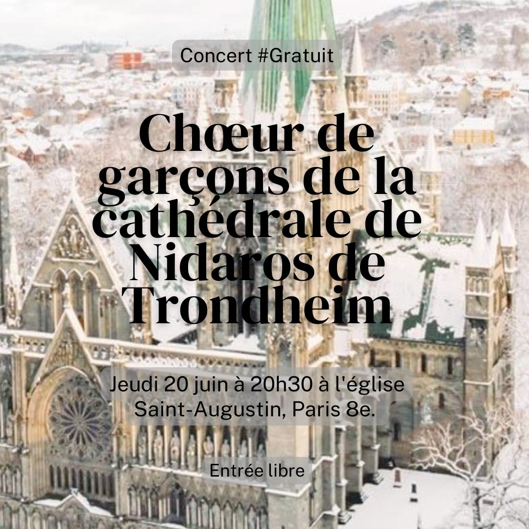 #Gratuit, #Concert. Le chœur de garçons de la cathédrale de Nidaros de Trondheim, l'un des plus renommés de Norvège, sera en  concert le jeudi 20 juin à 20h30 à l'Eglise Saint-Augustin dans le 8e. arrondissement de Paris.
▪️facebook.com/photo/?fbid=78…
▪️ Maîtrise de Sainte-Croix de
