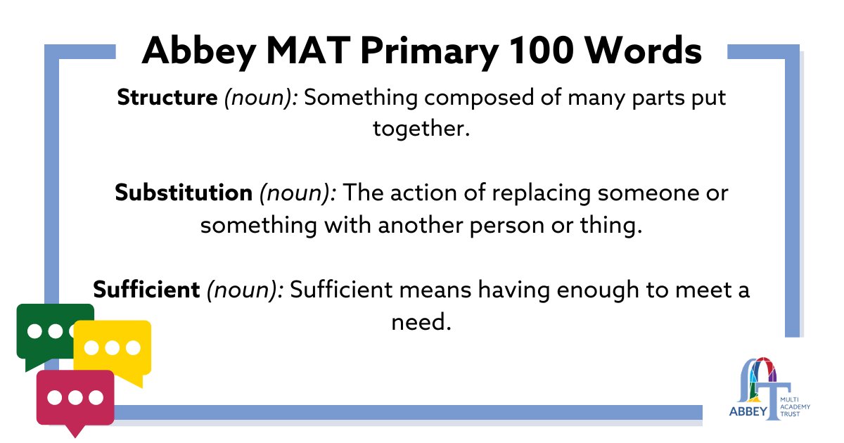 ht_rothwell's tweet photo. This weeks words are 'Structure', 'Substitution' and 'Sufficient'. Our students, along with the students at the other primary schools across our Trust will be learning these words this week. Share in the comments how your children have used them this week! https://t.co/KRsJSgqX3D