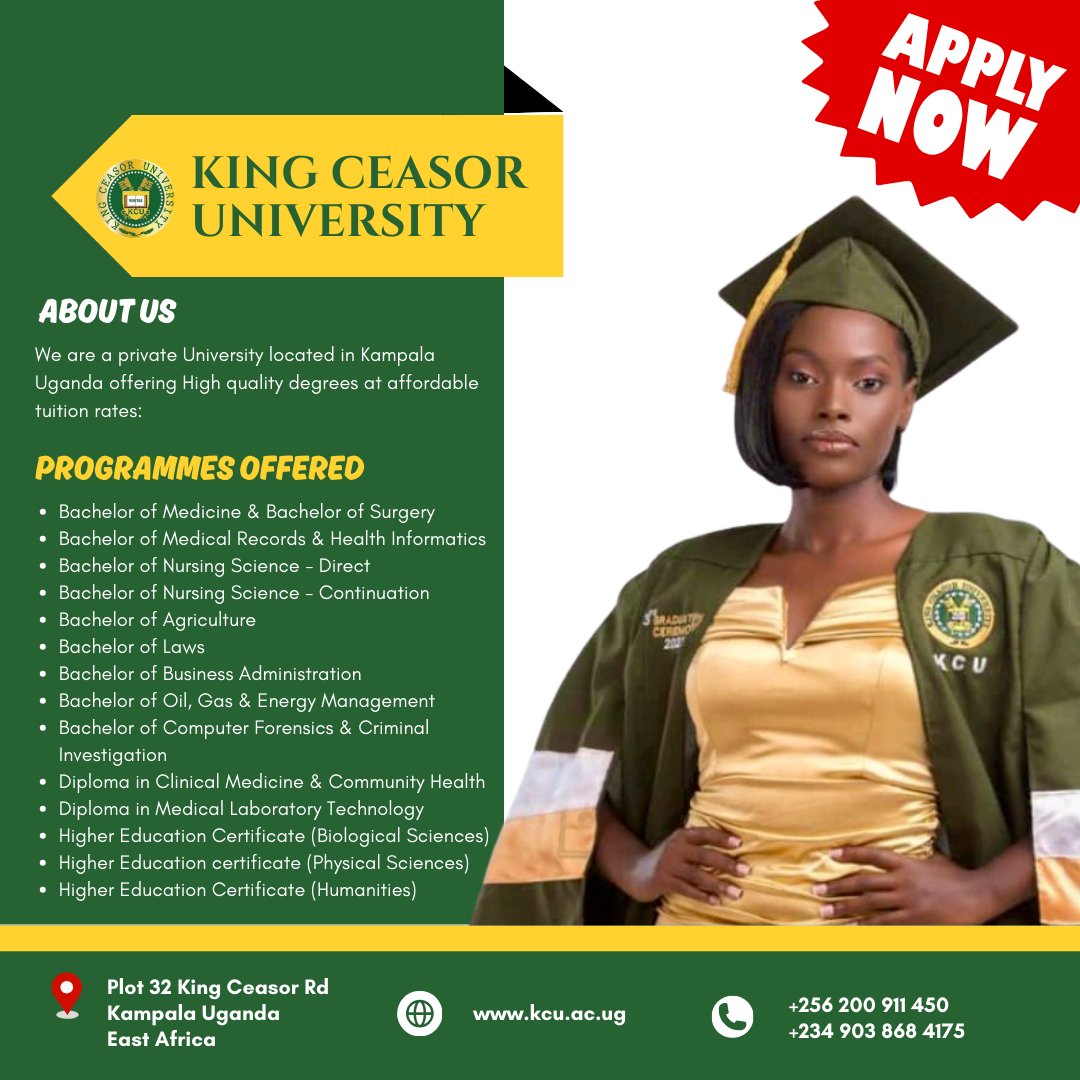 Don't miss out! Apply now to King Ceasor University—applications are ongoing. Secure your spot and take the first step toward your future today. 🌟 #ApplyNow #KCU #HigherEducation #FutureStartsHere #kingceasoruniversity