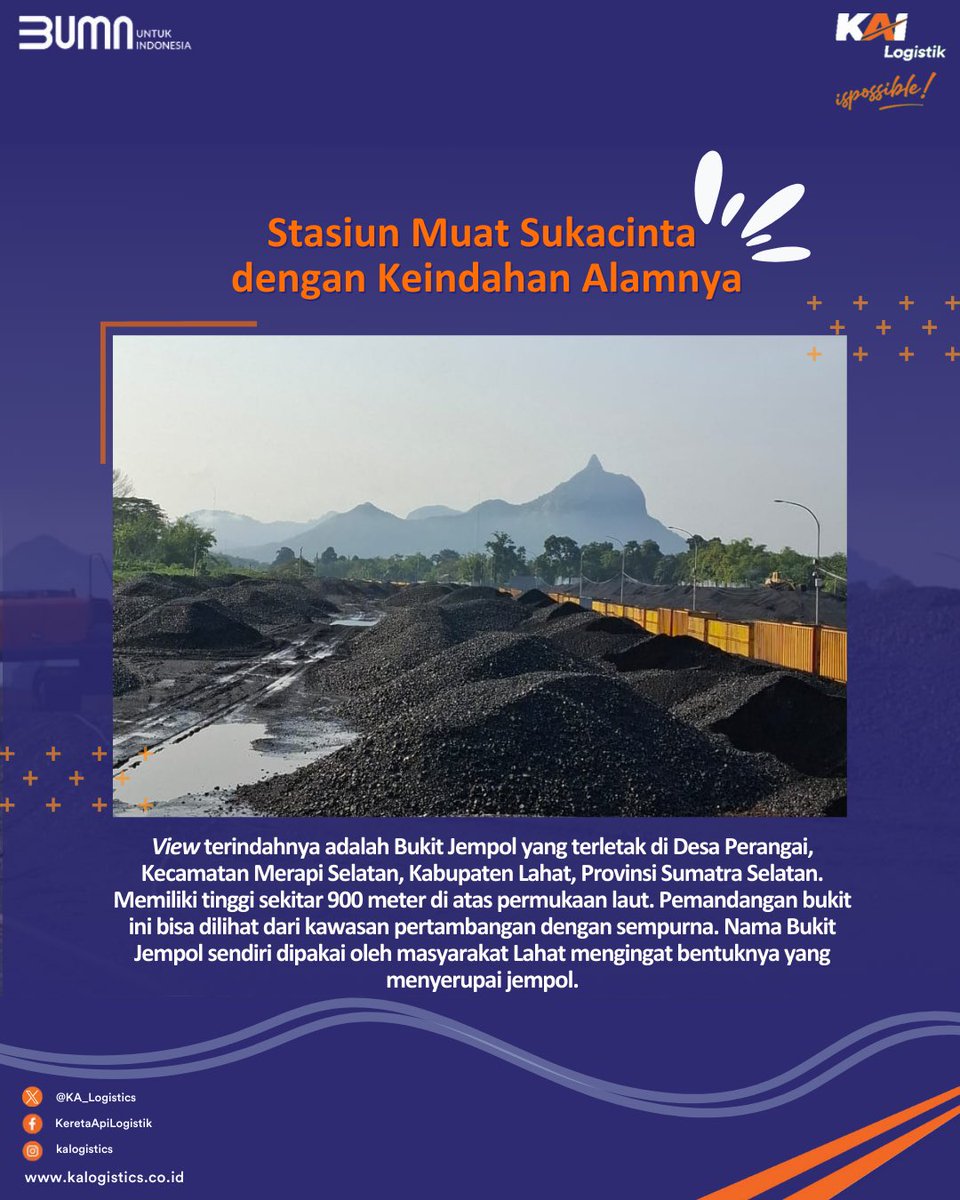 KA_Logistics's tweet photo. Hai, Sobat KALOG.
Tahukah Sobat KALOG, Stasiun Sukacinta adalah salah satu Stasiun muat batu bara KAI Logistik di Sumatra Selatan dengan view terindah karena barisan bukit yang unik seperti foto di atas ini.
Kira-kira apa nama bukitnya ya?
#kailogistik #kalogpro #sukacinta https://t.co/4n348trdZl