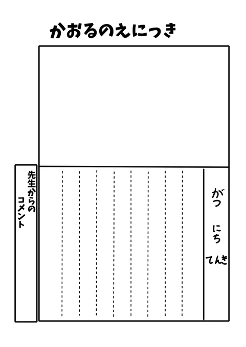 ざっくりだけど、たとえばこういうテンプレを用意して描いてもらう感じ?
絵だけ貰ってカイブンズに文つけてもらうのもあり 