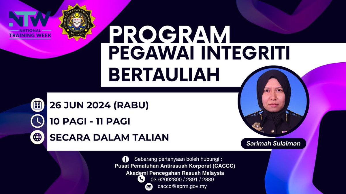SPRMMalaysia's tweet photo. Bersempena National Training Week, Akademi Pencegahan Rasuah Malaysia - MACA turut mengadakan sesi perkongsian atas talian.
Hubungi Pusat Pematuhan Antirasuah Korporat untuk maklumat lanjut.
#ntw #nationaltrainingweek
#SPRMPencegahan https://t.co/RGQyf5mmlU