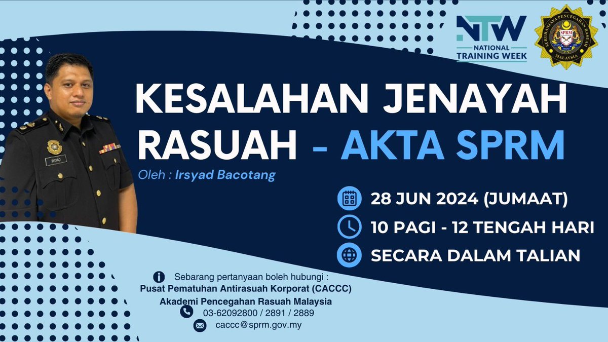 SPRMMalaysia's tweet photo. Bersempena National Training Week, Akademi Pencegahan Rasuah Malaysia - MACA turut mengadakan sesi perkongsian atas talian.
Hubungi Pusat Pematuhan Antirasuah Korporat untuk maklumat lanjut.
#ntw #nationaltrainingweek
#SPRMPencegahan https://t.co/RGQyf5mmlU