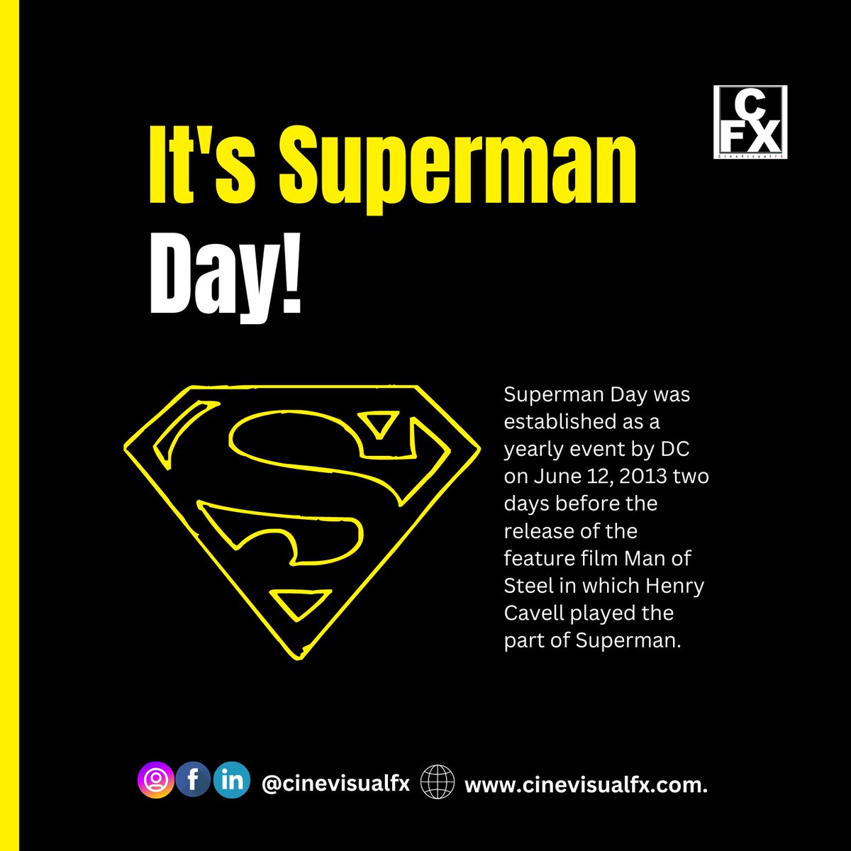 CinevisualFX's tweet photo. Happy Superman Day from CineVisualFX Studio! 📷 In honor of celebrating the most iconic character mankind has known, DC introduced Superman Day as an annual celebration on June 12, 2013. Enjoy the day by watching your favorite Superman movies or TV shows! #SupermanDay https://t.co/H6WvHsRtqu
