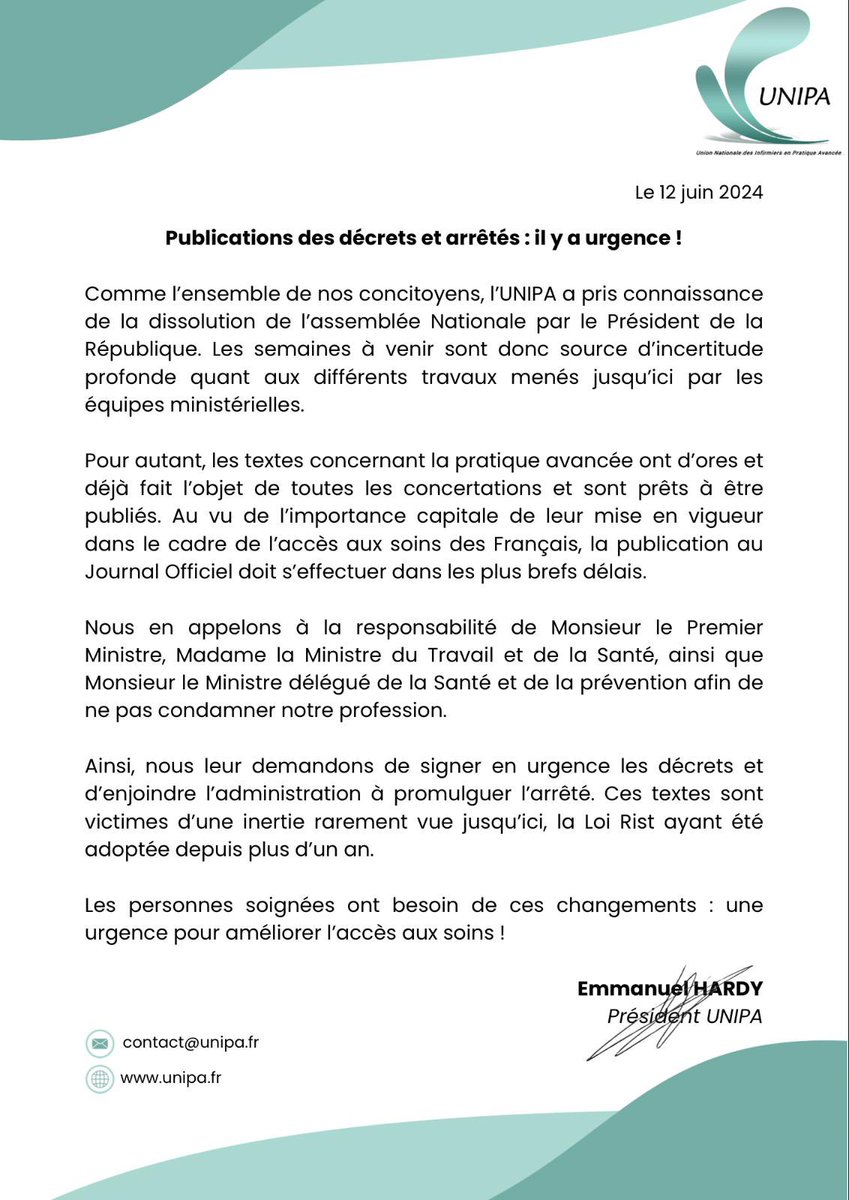 🚨Communiqué de presse de l’UNIPA - Publications des décrets et arrêtés : il y a urgence