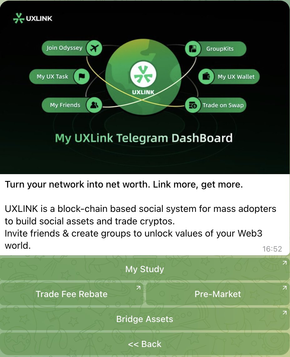 📢 Exciting update! The UXLINK Social DEX to Earn feature is now live on the UXLINK BOT.

🤩 Here's what you'll enjoy in phase one: 
1️⃣ Trade fee rebates from 70+ CEX and DEX, including Binance, OKX, Uniswap, and more 
2️⃣ Access pre-market trade points and tokens from top Web3