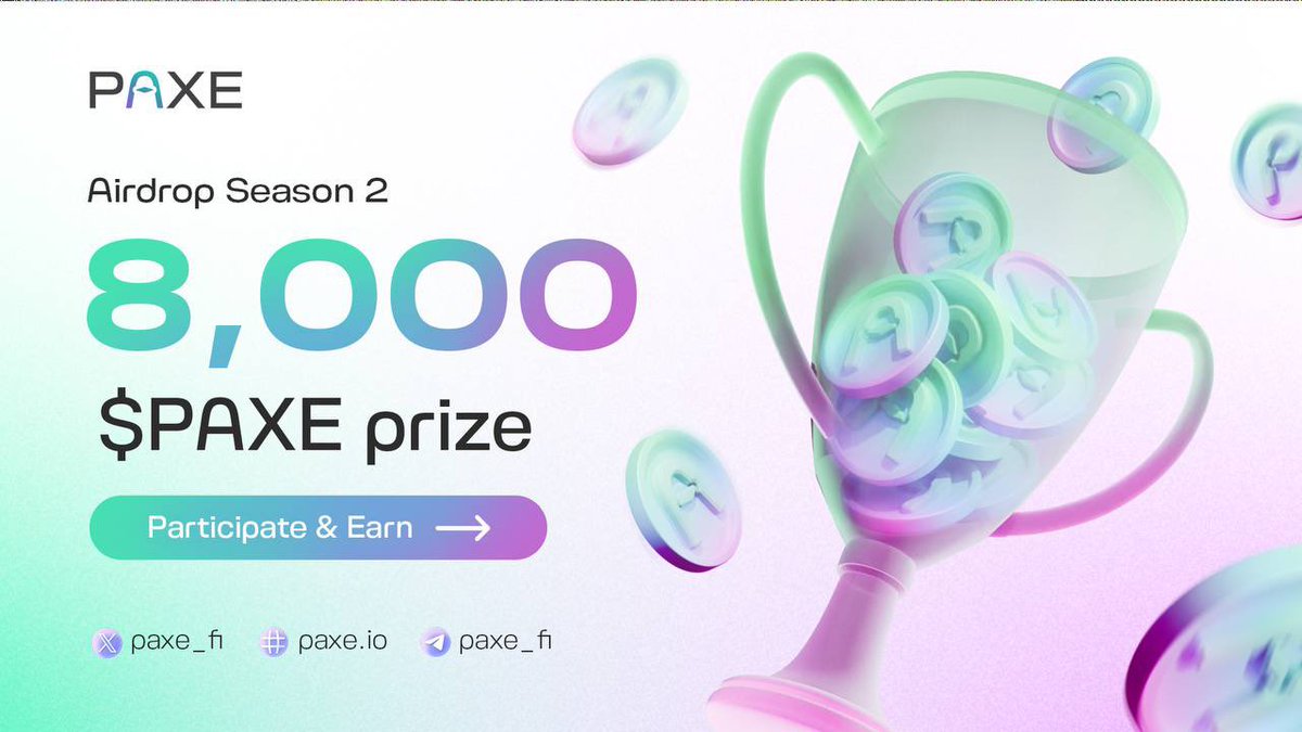 PAXE Airdrop Season 2 is LIVE 📣

🟢 JOIN NOW: t.me/PAXEioAirdropB…

🔹 Rewards: 1 PAXE ($10) for the first 5000 and random 1000 valid participants

🔹 Referrals Rewards: 20 PAXE ($200) PAXE for the top 100 referrers each

📅 Airdrop end: 31st July 2024
🏦 Token distribution