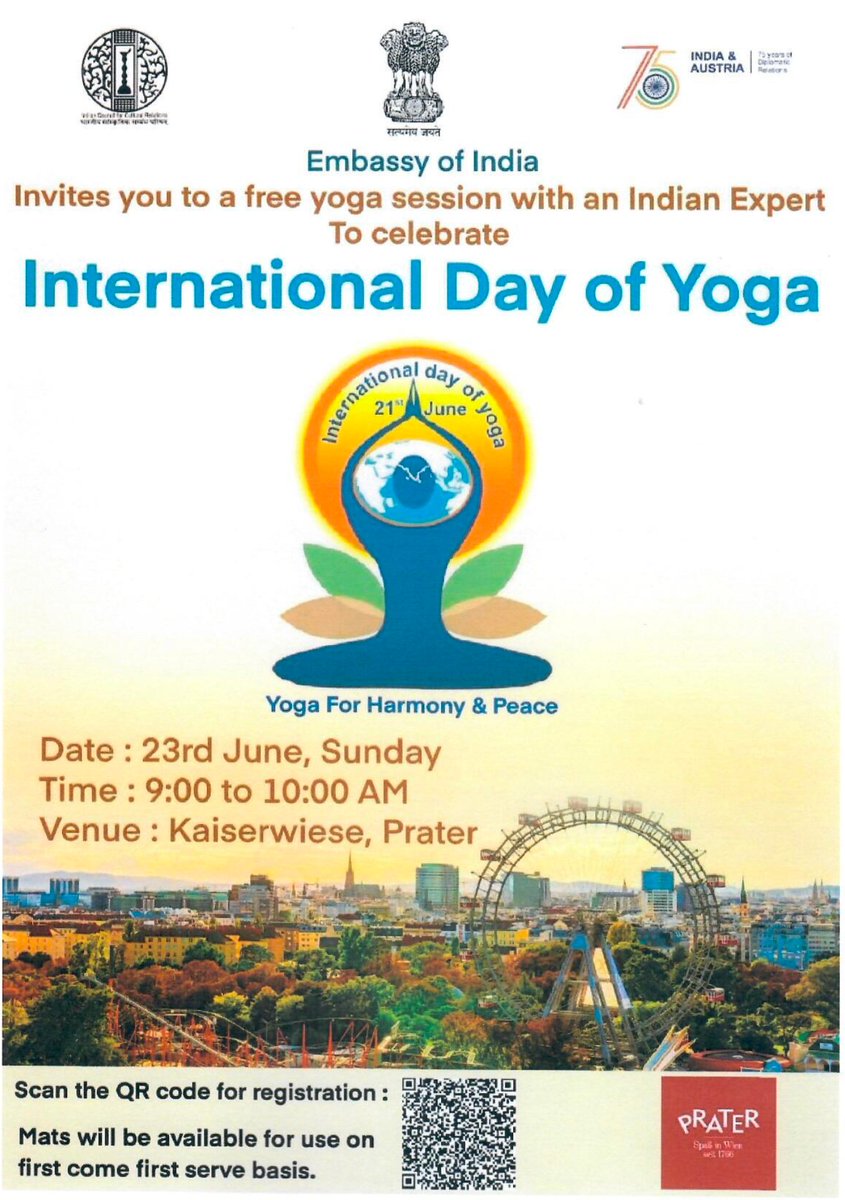 HROeAustria's tweet photo. International Yoga Day organized by Indian Embassy in Vienna @InVienna63142  on 23-06-2024
Time: 9:00 to 10:00 AM
Venue: Kaiserwiese, Prater https://t.co/9S5d8DDoTa