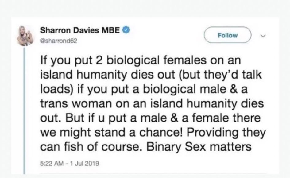 IndiaWilloughby's tweet image. If Sharron Davies was on a desert island with Graham Linehan humanity would absolutely die out 🏖️