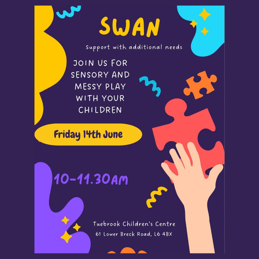 west_yew's tweet image. This Friday 10-11.30am SWAN is back at Tuebrook Children Centre.

This sis a drop in session for children with additional needs and their families.

If you have any questions about the session please give the centre a call on 0151 233 3830

#SWAN #additionalneeds #childrencentre