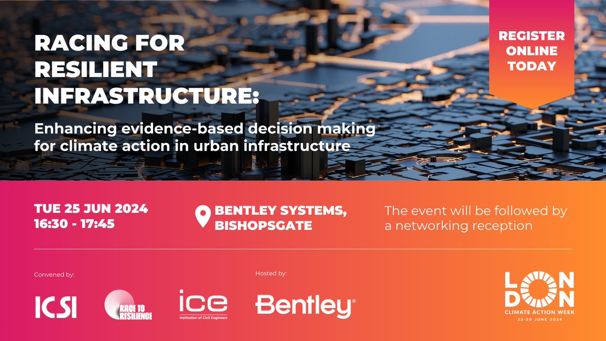 Int'l Coalition for Sustainable Infrastructure (@sust_coalition) on Twitter photo 📣Join us at London Climate Action Week #LCAW to explore how tech advancements can address climate change & improve resilience & sustainability of #infrastructure.
📅25 June
⏰16:30-17:45
📍<a href="/BentleySystems/">Bentley Systems, Inc</a>
➡Secure your spot: tickettailor.com/events/interna… 📣Join us at London Climate Action Week #LCAW to explore how tech advancements can address climate change & improve resilience & sustainability of #infrastructure.
📅25 June
⏰16:30-17:45
📍<a href="/BentleySystems/">Bentley Systems, Inc</a>
➡Secure your spot: tickettailor.com/events/interna…