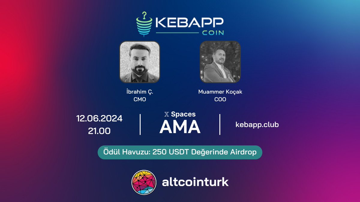 📢 12 Haziran Çarşamba günü saat 21:00’de, #AMA etkinliğimizin konuğu, <a href="/KebAppCoin/">KebApp</a> CMO İbrahim Ç. ve <a href="/KebAppCoin/">KebApp</a> COO Muammer Koçak 

🎁 250 USDT değerinde airdrop olarak ödül havuzu bulunan etkinliğimizi kaçırmayın!

ℹ️ Ödül kazananlardan olmak için

✅ Bu tweeti RT &amp; Like.
✅