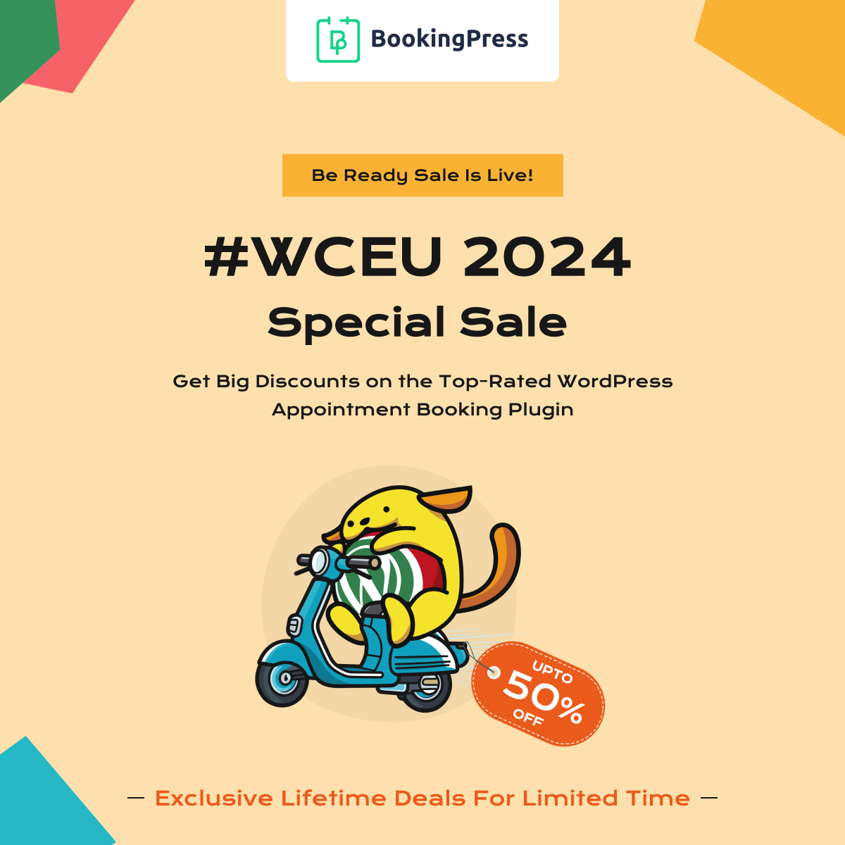 bookingpress's tweet photo. 🚨 #WCEU Special Sale is Live!

To celebrate @WCEurope 2024, we’re offering up to 50% OFF on all BookingPress plans and an exclusive Lifetime Deal🤩—available for a very limited time only! ⌛

👉Grab Now: https://t.co/KoJhS8KcD1

#WCEU2024 #bookingpress #sale #wordcamp #wordpress #worpresscommunity