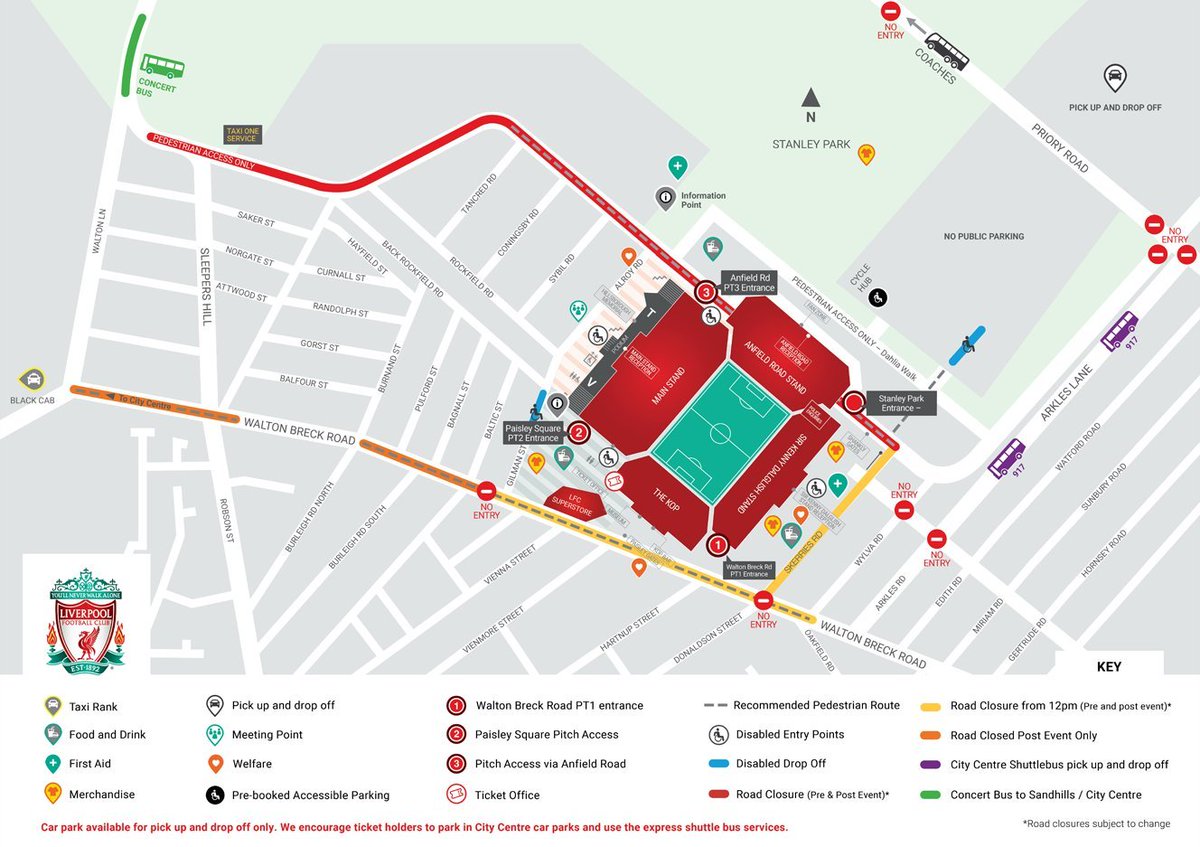 lpoolcouncil's tweet photo. #RoadClosure notice: 

From June 13-15, #Anfield stadium will play host to #TaylorSwift for #TheErasTour.

For each concert, Walton Breck Rd will be closed from 12pm-12am, while Anfield Rd will be closed due to #LFC's stadium expansion.

More info at: https://t.co/onYo8Fu6Wk https://t.co/uYmJZEiJL9