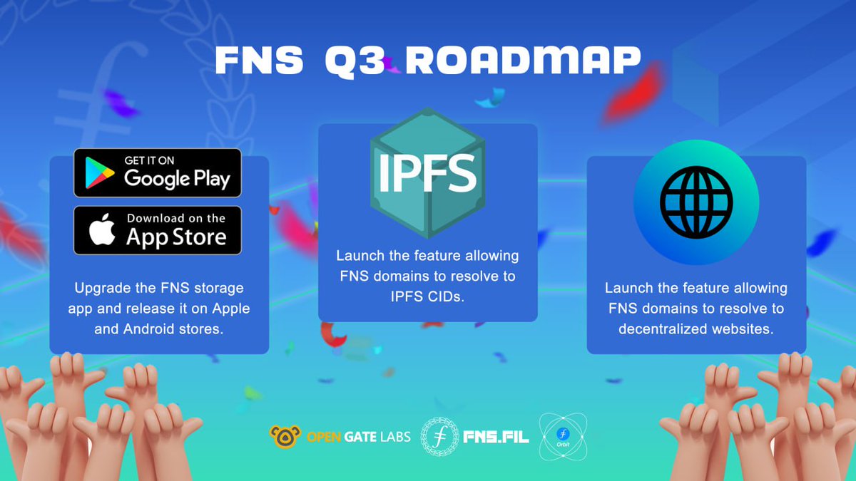 🚩#FNS Q3 Roadmap
✅Upgrade the FNS storage app and release it on #Apple and #Android stores.
✅Launch the feature allowing FNS domains to resolve to #IPFS CIDs.
✅Launch the feature allowing FNS domains to resolve to decentralized websites.

<a href="/Filecoin/">Filecoin</a> <a href="/FilFoundation/">Filecoin Foundation</a> <a href="/fvmdev/">Filecoin Virtual Machine</a>