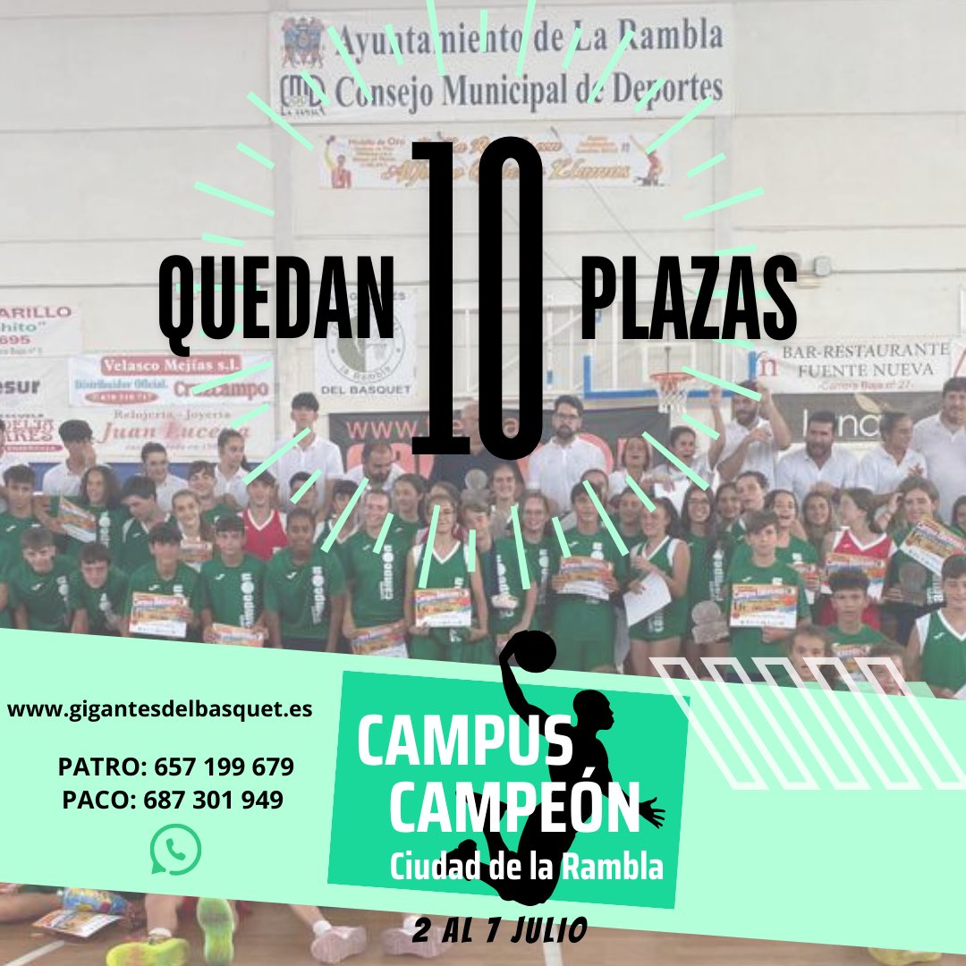 𝗤𝗨𝗘𝗗𝗔𝗡 10 𝗣𝗟𝗔𝗭𝗔𝗦

Muchas gracias a todos por apuntaros a la semana 𝗖𝗔𝗠𝗣𝗨𝗦 𝗖𝗔𝗠𝗣𝗘𝗢𝗡 🏀

SOLO 10 PLAZAS PARA CERRAR INSCRIPCIONES ⚠️

No lo dejes más y vente con nosotros!!

Semana al máximo nivel de baloncesto 🚀 no te lo pierdas

🔗gigantesdelbasquet.es
