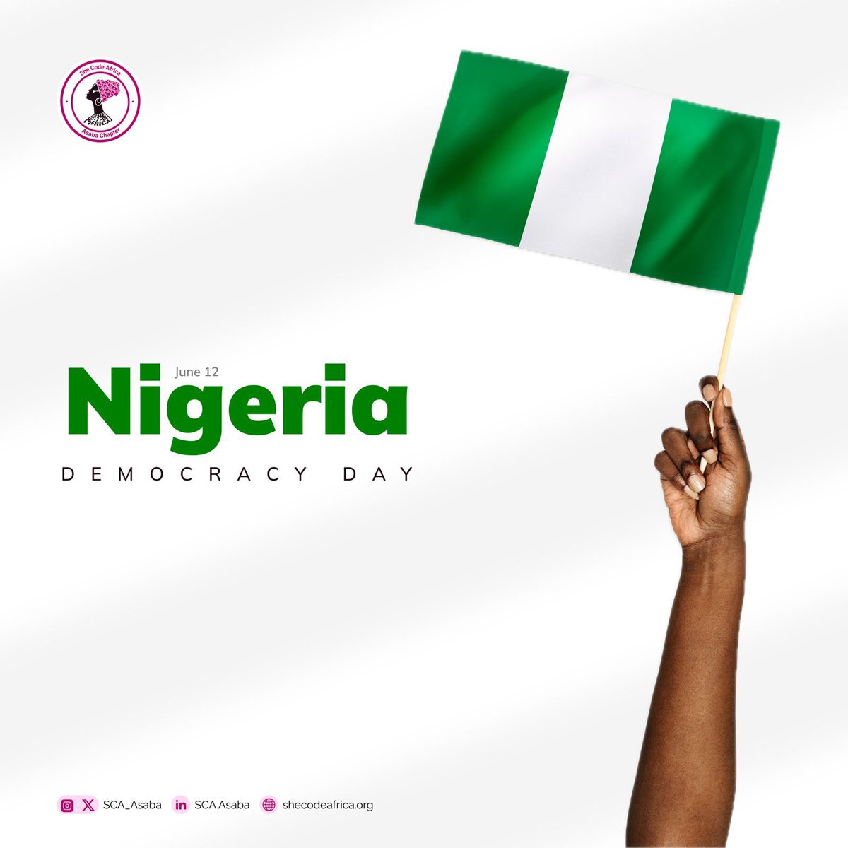 Today, we celebrate #DemocracyDay in Nigeria! 🇳🇬

A day to honor the strength and resilience of our nation. Let’s continue striving for progress, unity, and democracy. 

#June12 #NigeriaDemocracyDay

<a href="/SheCodeAfrica/">She Code Africa</a> <a href="/SCA_Asaba/">SCA Asaba</a>
