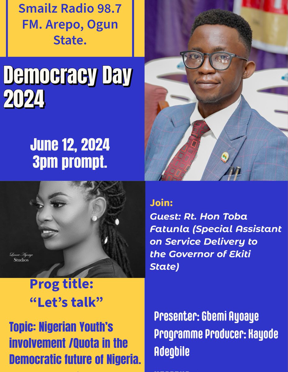 Join Rt Hon Toba Fatunla on Smailz Radio 98.7 FM, Arepo, Ogun State as we discuss:

 𝐍𝐢𝐠𝐞𝐫𝐢𝐚𝐧 𝐘𝐨𝐮𝐭𝐡'𝐬 𝐢𝐧𝐯𝐨𝐥𝐯𝐞𝐦𝐞𝐧𝐭 /𝐐𝐮𝐨𝐭𝐚 𝐢𝐧 𝐭𝐡𝐞  𝐃𝐞𝐦𝐨𝐜𝐫𝐚𝐭𝐢𝐜 𝐟𝐮𝐭𝐮𝐫𝐞 𝐨𝐟 𝐍𝐢𝐠𝐞𝐫𝐢𝐚.

Connect via:
smailz987fm.com