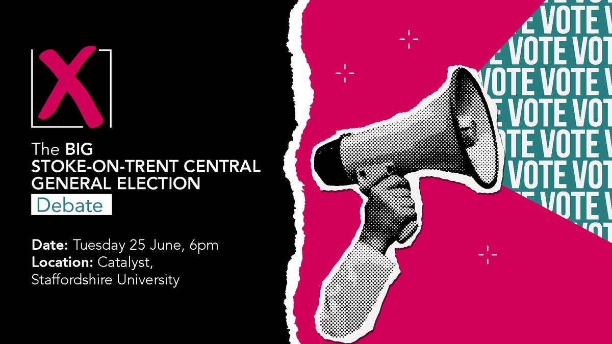 UniofStaffs's tweet photo. 🗳️ Join us for @StaffsUni's #GetElectionReady debate! 🗣️ Residents of Stoke-on-Trent Central can engage with parliamentary candidates on 25 June at our Stoke campus. Chaired by @MartinTideswell with @SpatialityJones.
Book your place: https://t.co/JfTUEYsEcD https://t.co/ZnEOgbpb8w