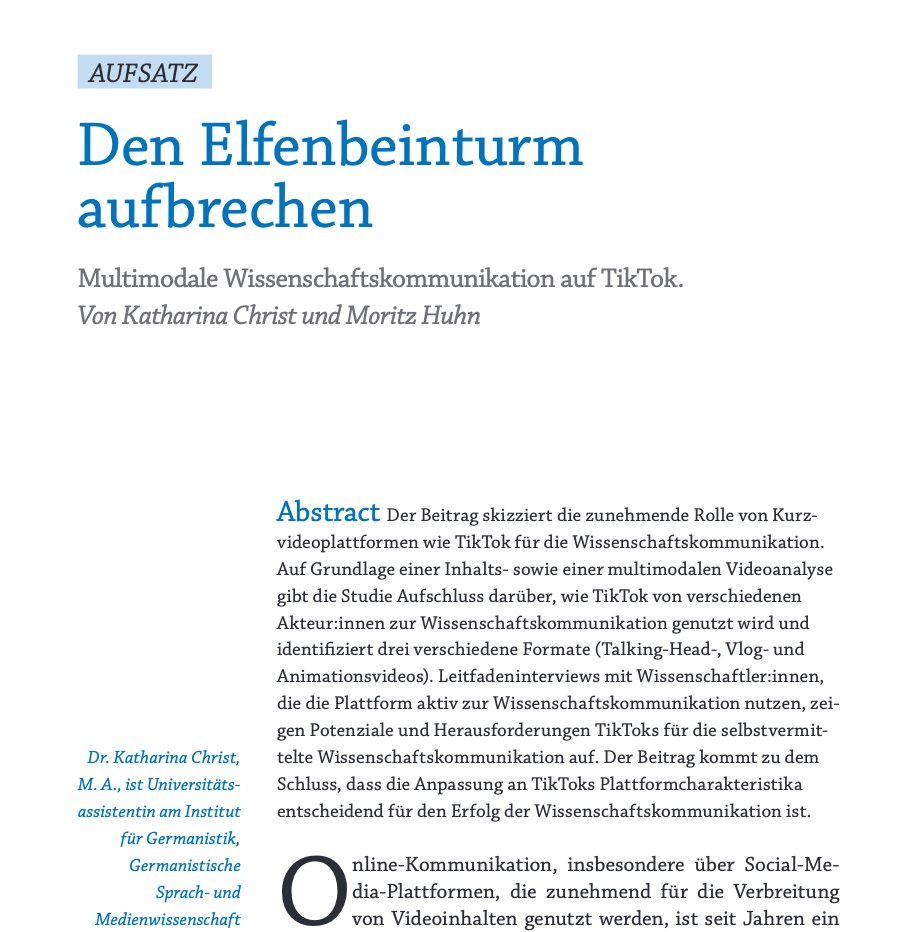 Wie sieht #WissKomm auf #TikTok aus? - In der neuen Ausgabe der <a href="/ComSocialis/">CommunicatioSocialis</a> geben @kath_christ und ich Einblicke in die Inhalte der Plattform und seine Akteure.
Vielen Dank an die Redaktion für die klasse Betreuung.

Hier geht`s zum Aufsatz: doi.org/10.5771/0010-3…