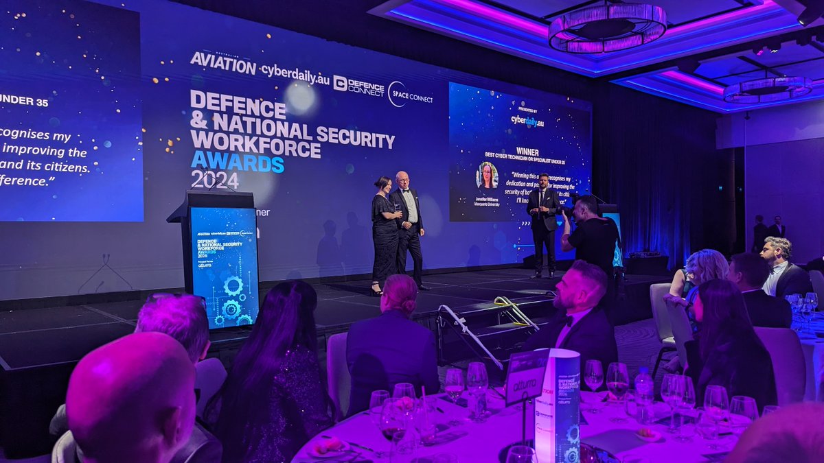 A huge round of applause for Jennifer Williams from Macquarie University for winning Best Cyber Technician or Specialist Under 35! #DefenceandNationalSecurityWorkforceAwards 

<a href="/jjwilliamscyber/">Jen</a>