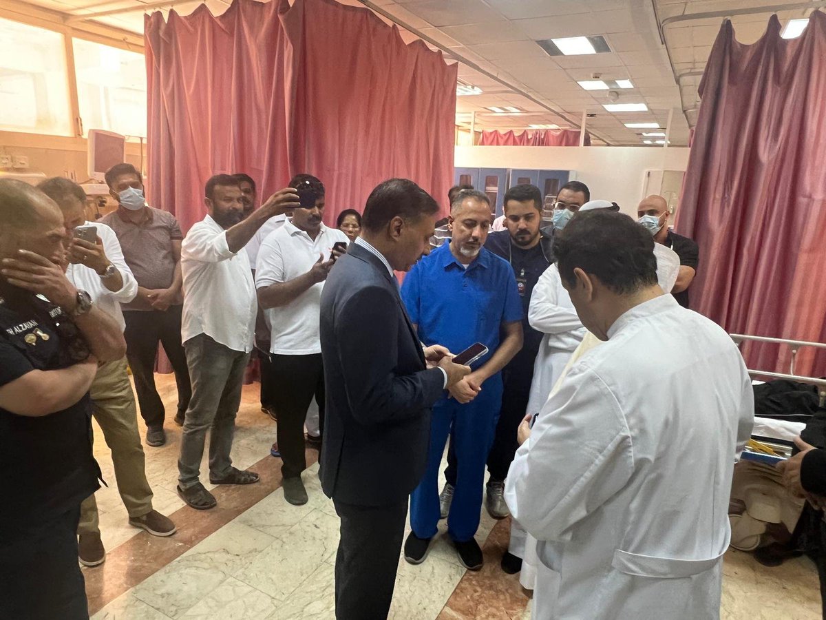thetimespatriot's tweet image. #Update | Adarsh Swaika, Ambassador of India to Kuwait, visited Al-Adan hospital where over 30 Indian workers injured in today's fire are admitted. He met patients &amp;amp; assured them of full assistance from the Embassy. Hospital authorities report almost all are stable #IndiaInKuwait