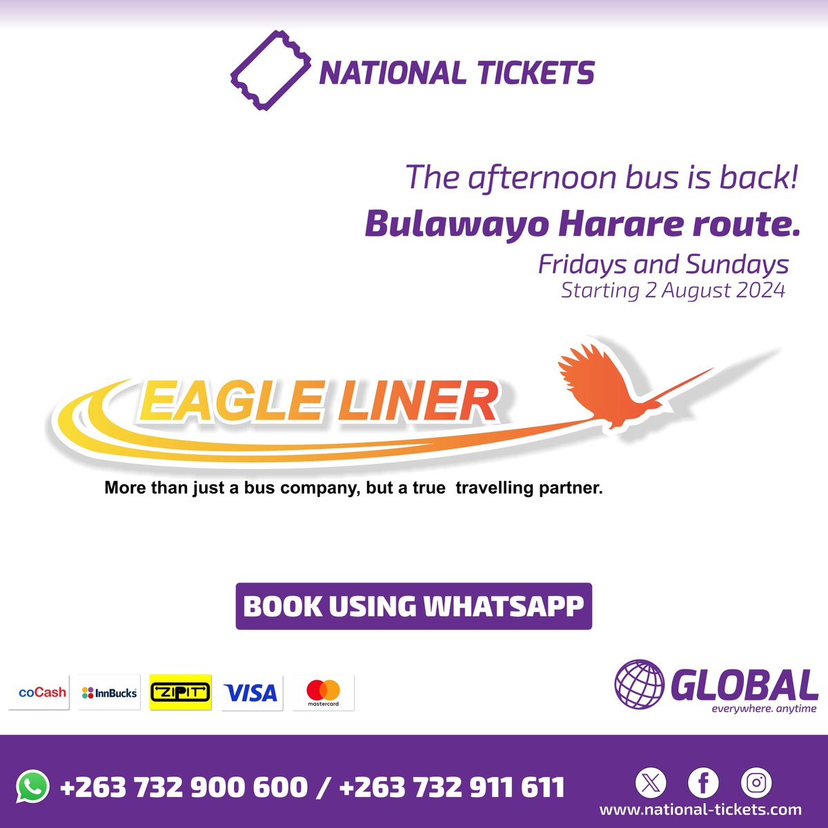 natticks's tweet photo. Your afternoon bus is back! Bulawayo Harare route, Fridays and Sundays.
Book your ticket: WhatsApp https://t.co/fkN2AXX4HO
#Eagleliner #bookwithus #easybookings #safetravelsalways #tellafriendtotellafriend #localcoaches #convience #Nationaltickets #Global #everywhereanytime https://t.co/tIvbV27UEj