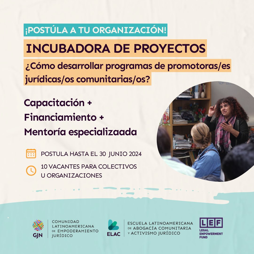 GlobalNamati's tweet photo. Incubadora de Promotoras/es Jurídicas/os Comunitarias/os
⚡ Aprende de pionerxs en el campo.
⚡ Explora nuevas herramientas y estrategias.
⚡ Accede a fondos y mentoría.

📲 Postula antes del 30 de junio: https://t.co/WhJ5AyJR2j https://t.co/zLIEgtOPwe