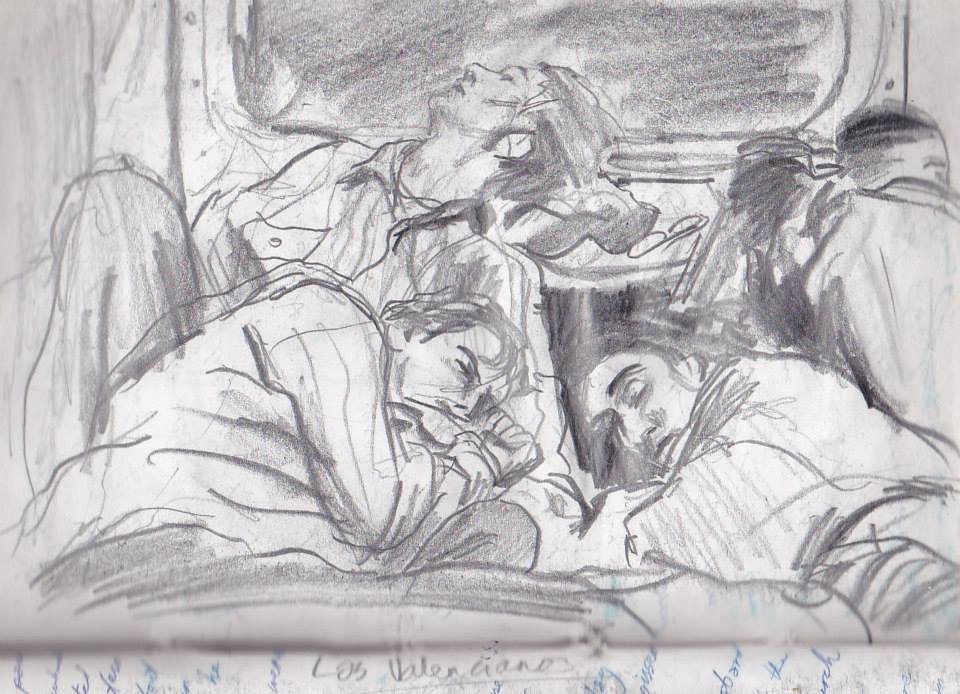 Sketch of the Day: Spanish back packers, Train to Marrakesh, #Morocco, 1998