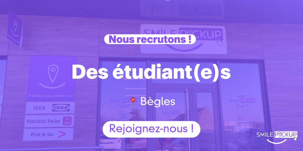 Smile Pickup (@smilepickupeu) on Twitter photo 📢Nous recrutons à Bègles !
Nous recherchons des #étudiants dynamiques et motivés pour rejoindre notre équipe au point de retrait à Bègles.
Postulez dès maintenant en envoyant votre CV et lettre de motivation : contact@smilepickup.com
#recrutement #smilepickup #job 📢Nous recrutons à Bègles !
Nous recherchons des #étudiants dynamiques et motivés pour rejoindre notre équipe au point de retrait à Bègles.
Postulez dès maintenant en envoyant votre CV et lettre de motivation : contact@smilepickup.com
#recrutement #smilepickup #job