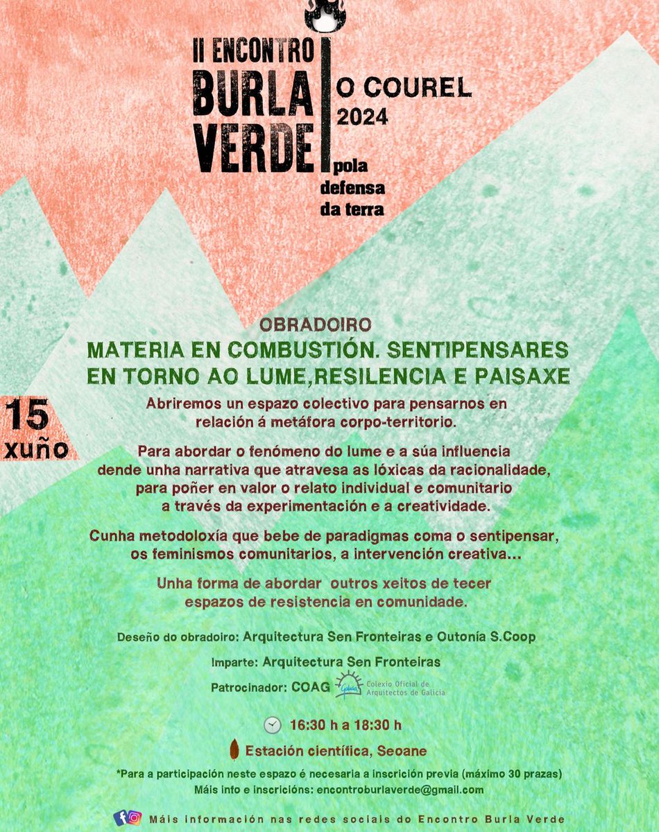 O próximo sábado 15 de xuño participaremos no #BurlaVerde xunto a <a href="/Outoniacoop/">Outonía coop</a> e o patrocinio do <a href="/arquitectosCOAG/">Colexio de Arquitectos de Galicia</a>  no

Obradoiro

🔥Materia en Combustión. Sentipensares en torno ao lume, resilencia e paisaxe

galicia.asfes.org/obradoiro-mate…