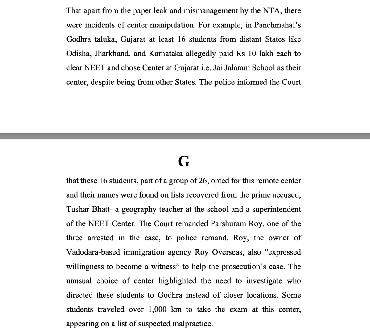 LiveLawIndia's tweet photo. As per #NEET candidates' Petition in #SupremeCourt, apart from paper leak, there were exam centre manipulations in NEET-UG 2024.

Petitioners raise doubts about students from other states(Odisha, Karnataka, Jharkhand) choosing a particular centre at Godhra, Gujarat.

Petitioners cite police cases regarding paper leak in UP, Bihar. They allege that papers were leaked in Telegram channels a day before the exam.

Petitioners argue that the NTA's denial of the paper leak, despite police cases and arrests, does not inspire confidence.

"The NTA's refusal to acknowledge the leaks despite the evidence raises serious concerns about its commitment to ensuring a fair examination process.
This denial also casts doubt on the NTA's ability to conduct secure and transparent examinations," state the petitioners.