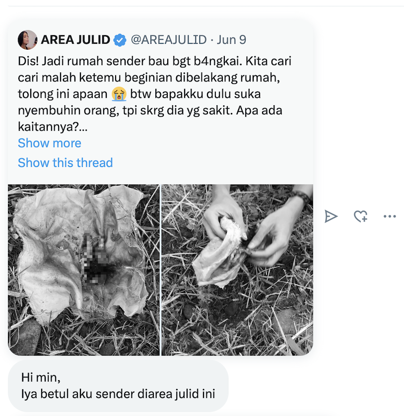 KelanaraStudio's tweet photo. "Sejak bapakku sakit, aku menemukan banyak benda-benda aneh yang tertanam di dalam rumah. Padahal sebelumnya gak ada. Kata orang itu buhul, udah kita buang, tapi selalu ada lagi di sekitaran halaman belakang"

Setelah Bapak Sakit.
A Thread https://t.co/Cipc68RmgO
