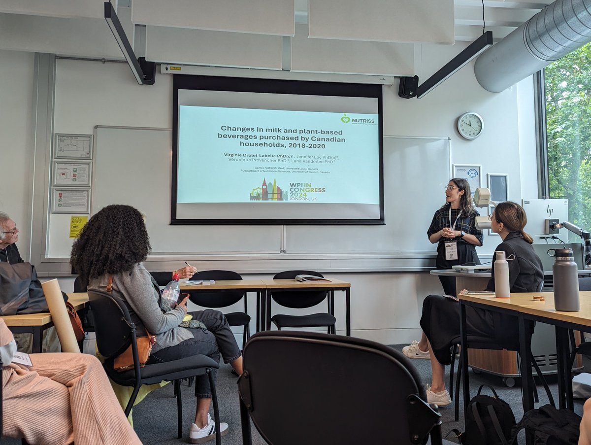 Brilliant Virginie Drolet-Labelle shares some of her work tracking purchases in milk and plant-based beverages in 🇨🇦. More research to come on sustainability implications of beverage intakes and the beverage industry. #CentreNUTRISS #wphnconference