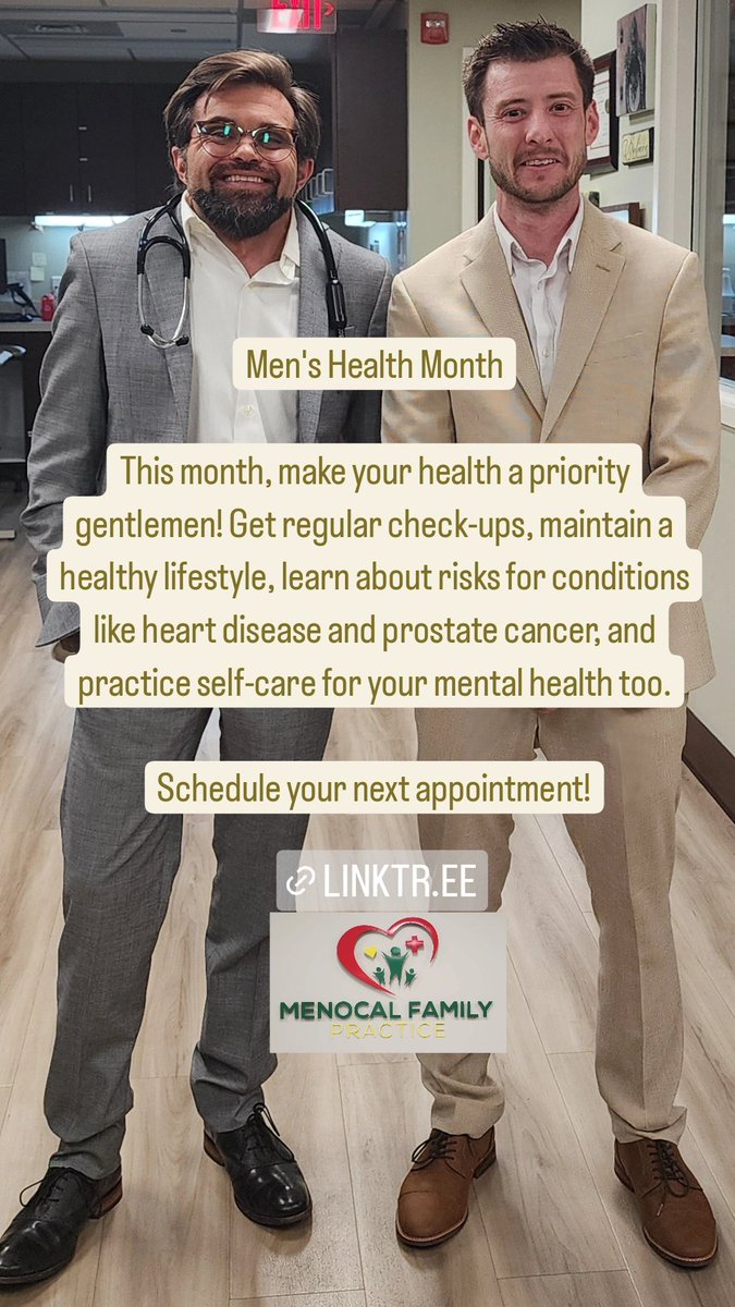 DrJMenocal's tweet image. Men's Health Month
#primarycare #men #regularcheckup #primarycaredoctors #familymedicine #salisbury #frederick #hagerstown #baltimore #menshealthawareness #menocalfamilypractice