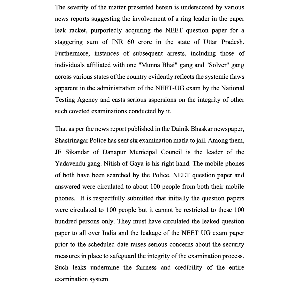 LiveLawIndia's tweet photo. As per #NEET candidates' Petition in #SupremeCourt, apart from paper leak, there were exam centre manipulations in NEET-UG 2024.

Petitioners raise doubts about students from other states(Odisha, Karnataka, Jharkhand) choosing a particular centre at Godhra, Gujarat.

Petitioners cite police cases regarding paper leak in UP, Bihar. They allege that papers were leaked in Telegram channels a day before the exam.

Petitioners argue that the NTA's denial of the paper leak, despite police cases and arrests, does not inspire confidence.

"The NTA's refusal to acknowledge the leaks despite the evidence raises serious concerns about its commitment to ensuring a fair examination process.
This denial also casts doubt on the NTA's ability to conduct secure and transparent examinations," state the petitioners.
