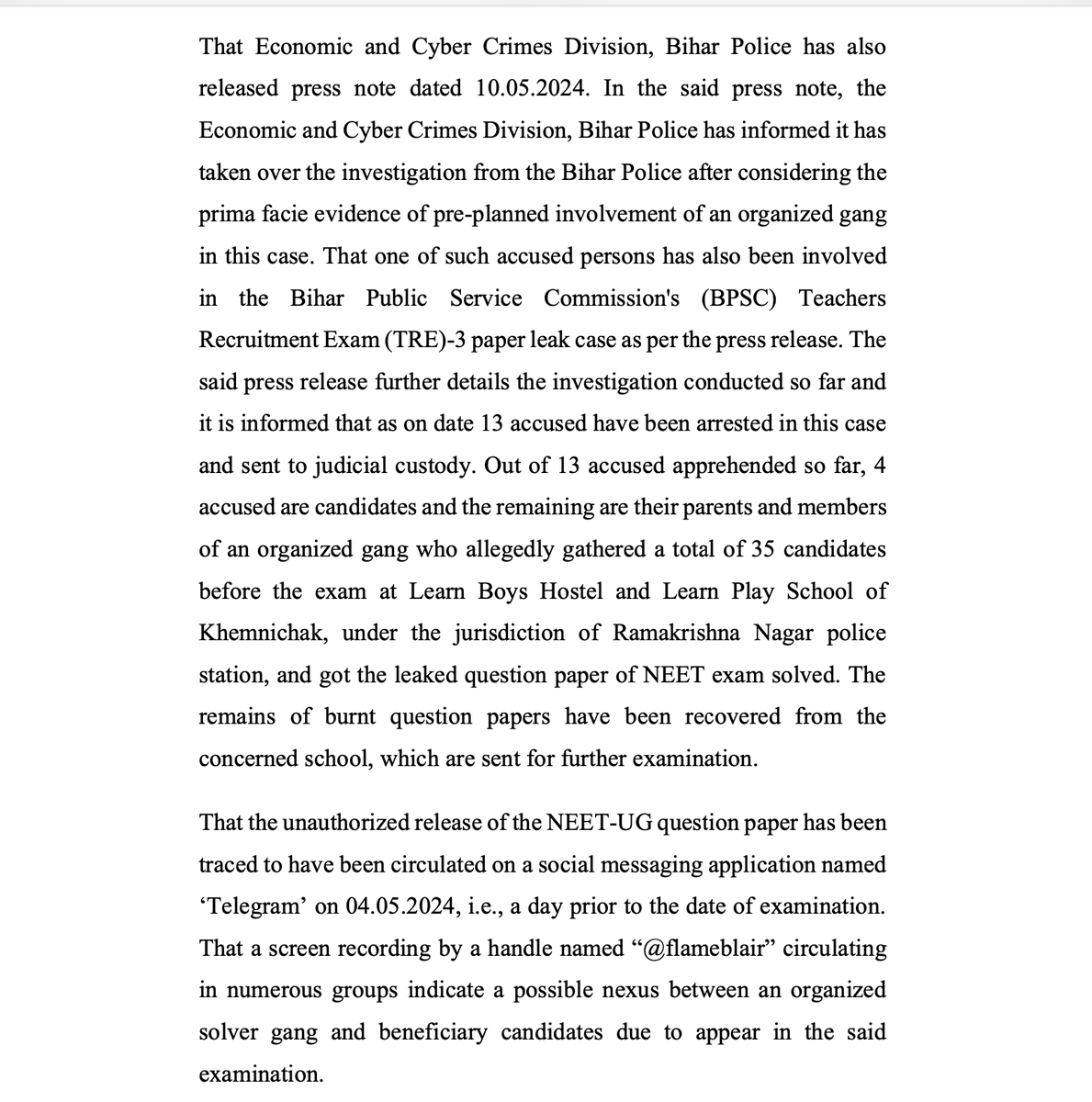 LiveLawIndia's tweet photo. As per #NEET candidates' Petition in #SupremeCourt, apart from paper leak, there were exam centre manipulations in NEET-UG 2024.

Petitioners raise doubts about students from other states(Odisha, Karnataka, Jharkhand) choosing a particular centre at Godhra, Gujarat.

Petitioners cite police cases regarding paper leak in UP, Bihar. They allege that papers were leaked in Telegram channels a day before the exam.

Petitioners argue that the NTA's denial of the paper leak, despite police cases and arrests, does not inspire confidence.

"The NTA's refusal to acknowledge the leaks despite the evidence raises serious concerns about its commitment to ensuring a fair examination process.
This denial also casts doubt on the NTA's ability to conduct secure and transparent examinations," state the petitioners.