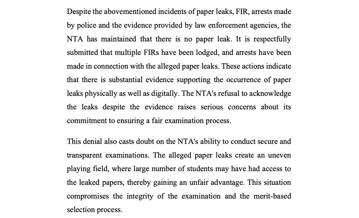 LiveLawIndia's tweet photo. As per #NEET candidates' Petition in #SupremeCourt, apart from paper leak, there were exam centre manipulations in NEET-UG 2024.

Petitioners raise doubts about students from other states(Odisha, Karnataka, Jharkhand) choosing a particular centre at Godhra, Gujarat.

Petitioners cite police cases regarding paper leak in UP, Bihar. They allege that papers were leaked in Telegram channels a day before the exam.

Petitioners argue that the NTA's denial of the paper leak, despite police cases and arrests, does not inspire confidence.

"The NTA's refusal to acknowledge the leaks despite the evidence raises serious concerns about its commitment to ensuring a fair examination process.
This denial also casts doubt on the NTA's ability to conduct secure and transparent examinations," state the petitioners.