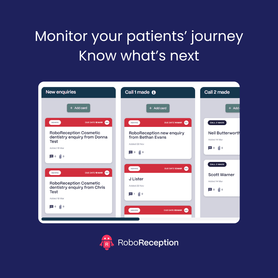 RoboReceptionUK's tweet photo. Monitor your patients’ journey
Know what’s next with our LeadTracker

How to get in touch:
✉️ Email: donna@roboreception.co.uk
📞 Call: 07960 830 656

#RoboReception #dentalpractice #dentalpractices #reception #dentist #dentists #marketing #dentistlife #dentistry #RoboAgents https://t.co/8XolQUP3ZQ