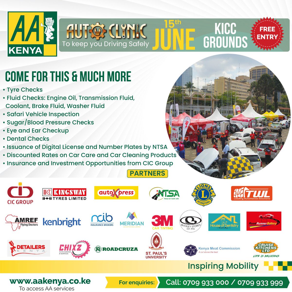 AAKenya's tweet photo. Je, uko na fom ya weekend? AA Autoclinic and Best Young Driver Contest is taking place this weekend at KICC Grounds. Tag your friends for a fun-filled day, free car check, motoring information, and much more. See you all there! Entry is free.  
#AAKenyacares #InspiringMobility https://t.co/mNSJsa6ppU