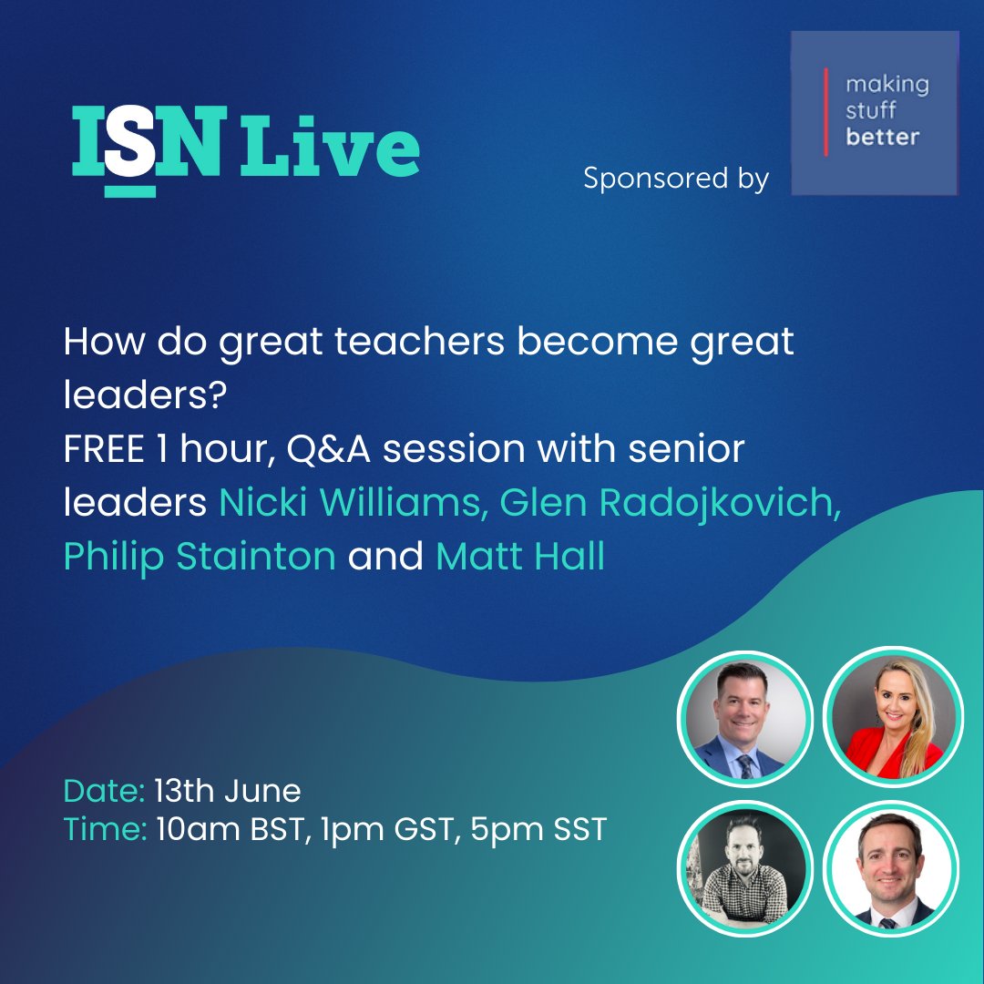 Tomorrow!📣

ISN Live; How do great teachers become great leaders? 

Sign up for our #FREE 1-hour event for insights and inspiration. 

Secure your place here 👉bit.ly/3z6Kf4s