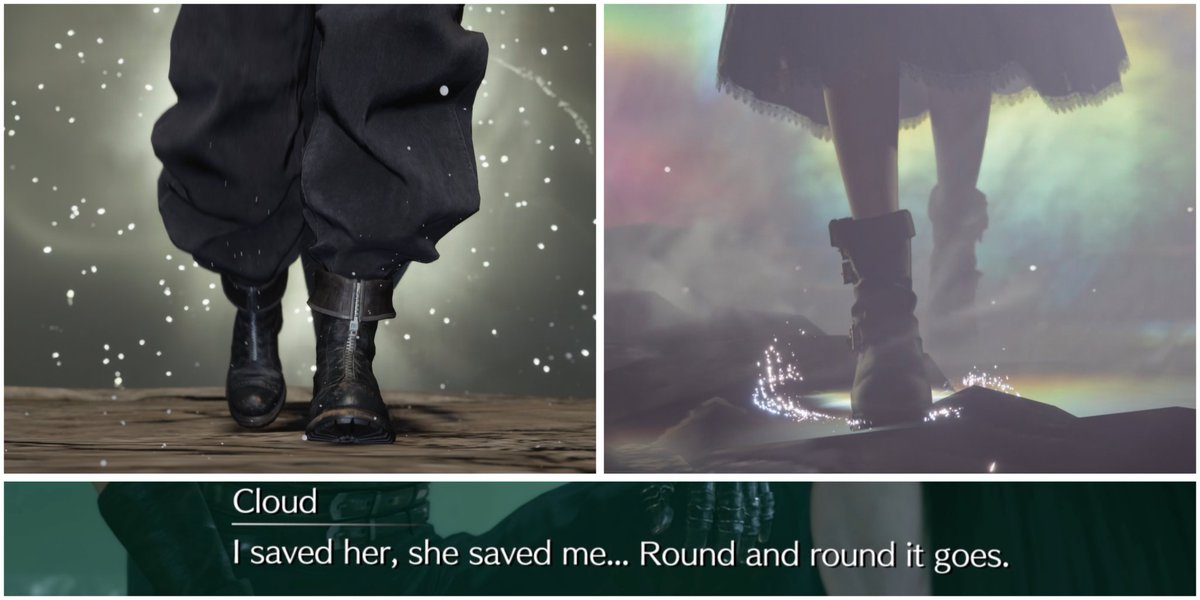 Keinni_Polls's tweet photo. He walks through the wall to save her; &amp;,
She walks through the wall to save him.

Round and round it goes.
That's the main hero's and main heroine's story.

#Clerith #FF7R https://t.co/hiMGwCS99A