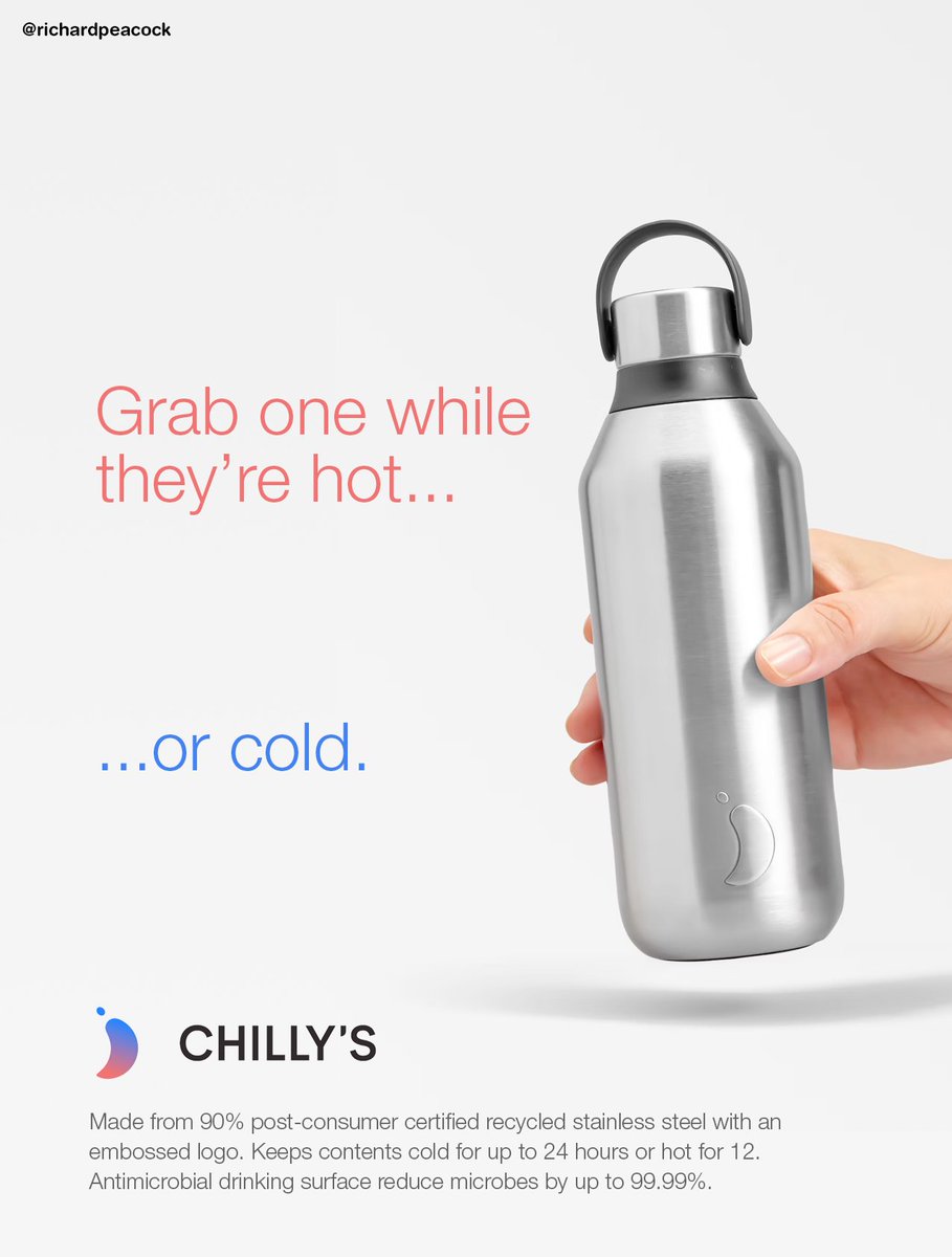 richardpeacock's tweet image. One Minute Brief of the Day:  Create posters to make @ChillysBottles the king of refill; remind people to ditch the plastic and fill up their reusable #ChillysBottles ahead of this weekend's #WorldRefillDay @OneMinuteBriefs