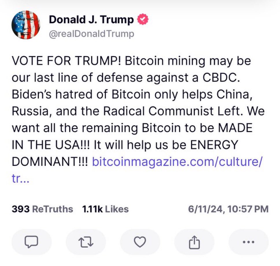NEW: After his meeting with #Bitcoin mining executives, Trump says he wants  “all the remaining Bitcoin to be MADE IN THE USA!!!”