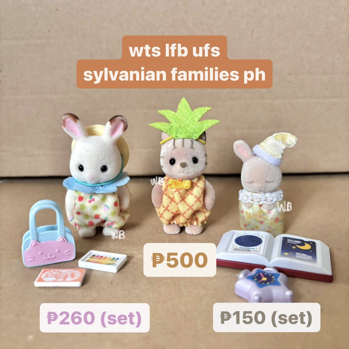 ⋆ ˚｡⋆୨୧˚ wts lfb ufs sylvanian families ph ⋆ ˚｡⋆୨୧˚

kindergarten choco rabbit (w/ accessories) - ₱260
fruits pineapple striped cat - ₱500
sleepover milk rabbit (w/ accessories) - ₱150

mop: gcash/ maya
mod: sdd, j&amp;t, ggx
loc: quezon city

reply/ dm to claim! 💌